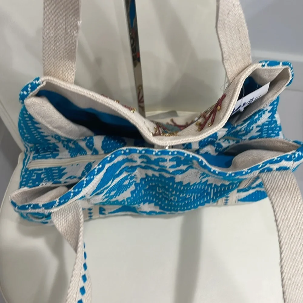 America & Beyond Cream/Blue/Turquoise Sparkly Beaded "Butterfly" Tote Bag - Picture 6 of 7